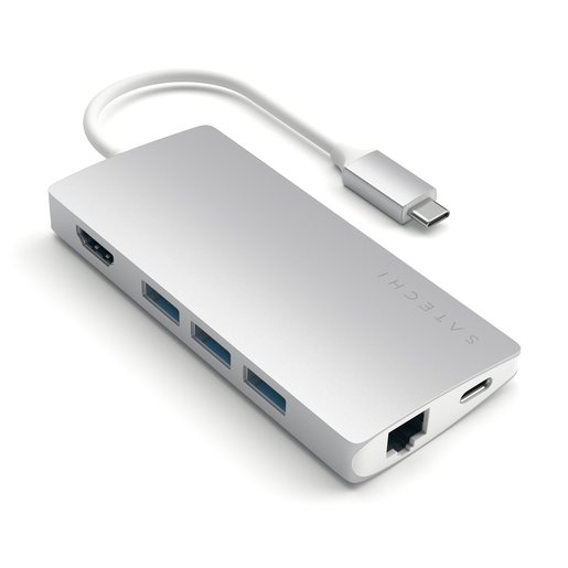 USB-концентратор Satechi Aluminum Multi-Port Adapter V2. Интерфейс USB-C. 3 порта USB 3.0, 1 порт 4K HDMI,  1 порт Ethernet RJ-45, SD/micro-SD кардридер. Цвет серебряный. 