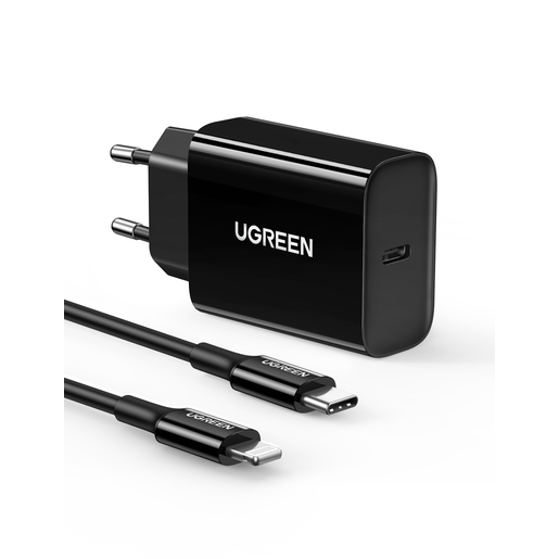 Набор адаптер и кабель USB-C - Lightning UGREEN CD137 (50799) PD Fast Charger 20W + USB-C to Lightning Cable EU. Длина 1 м. Цвет: черный